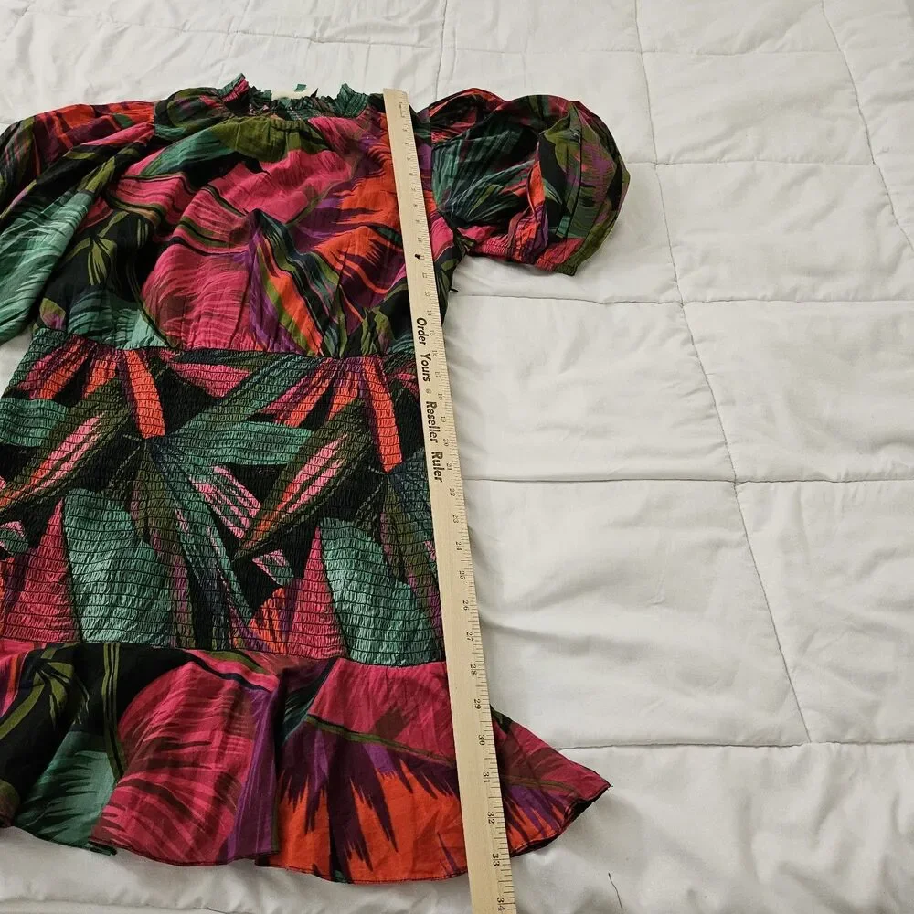 Farm Rio Midnight Leaves Mini‎ Dress Small Floral Print Smocked Short Sleeve